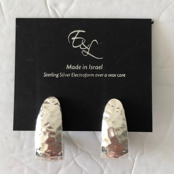 E&L Sterling Silver Earrings Electroform Hammered Israel 1.5" long - Picture 4 of 12